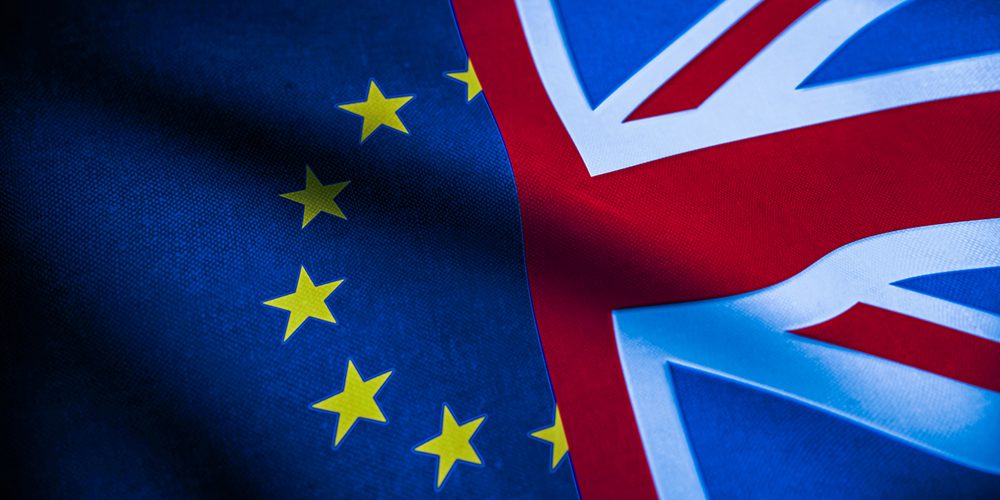 Flags of the United Kingdom and European Union. Brexit concept. Great Britain and Euro flag. 3d Rendering