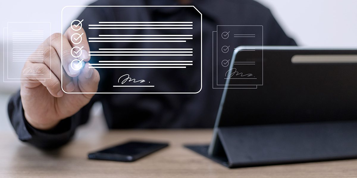 Electronic signature concept, business people sign electronic do