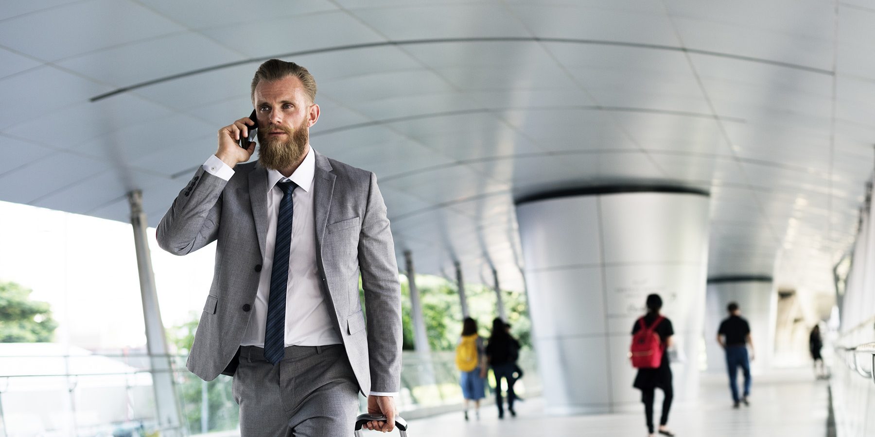 Businessmen Walk Call Phone Luggage Business Trip
