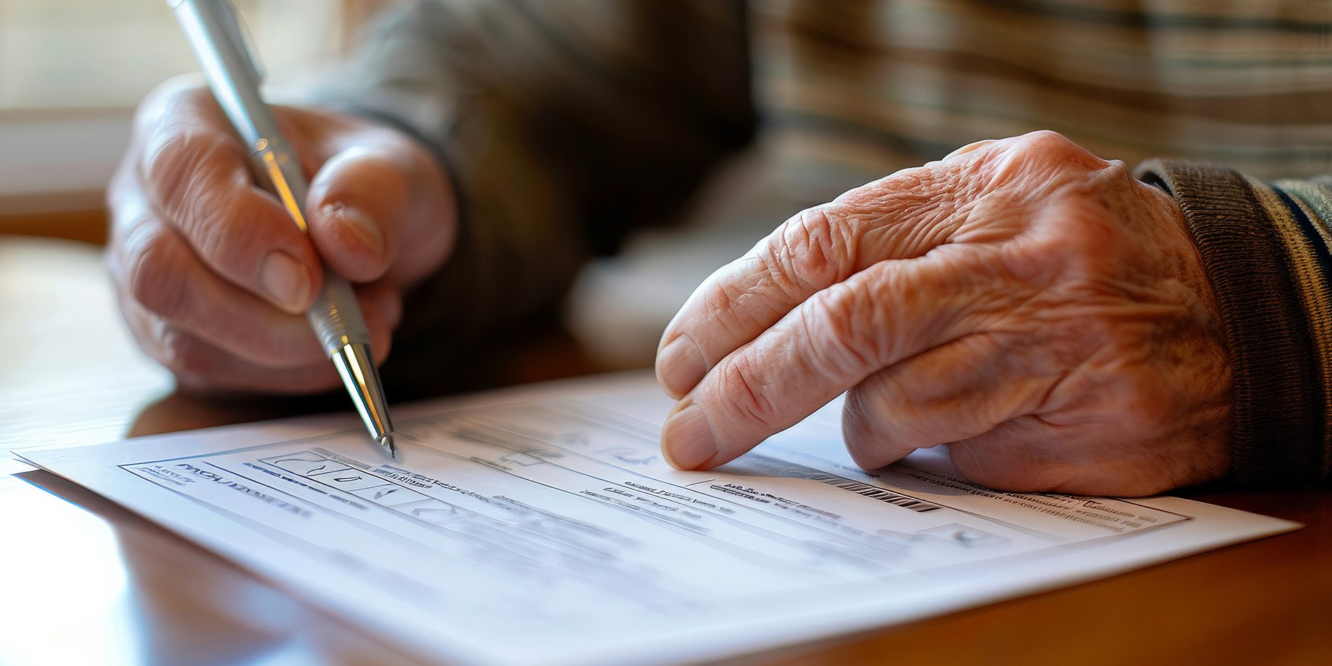 Person filling out a mail-in ballot at home, pen in hand and focused expression